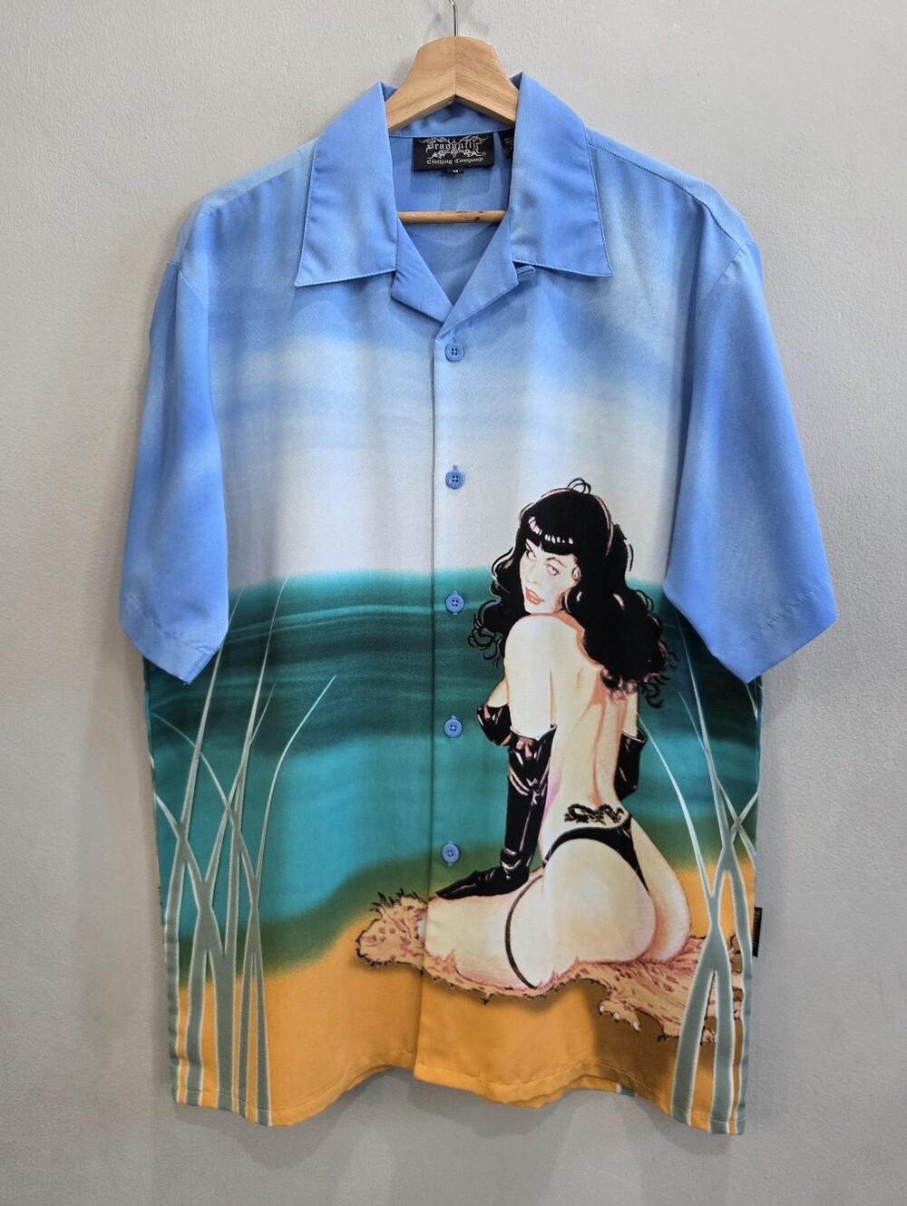 Vintage Y2K Dragonfly Clothing Button Shirt Blue Pin Up Girl Beach Men's Medium